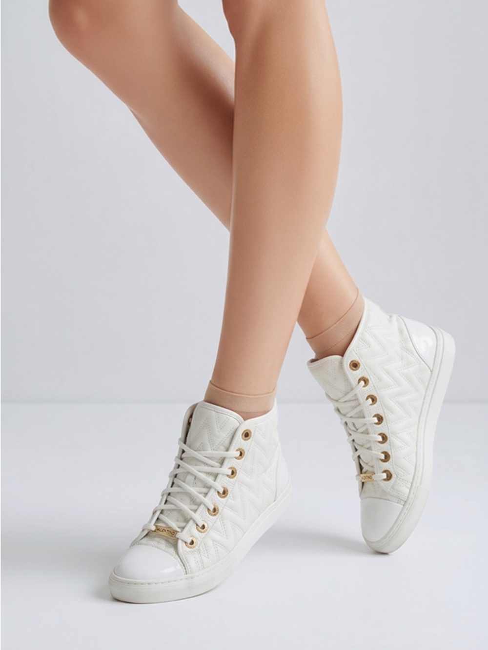 Valentino White Quilted High-Top Sneakers with Gold Eyelets
